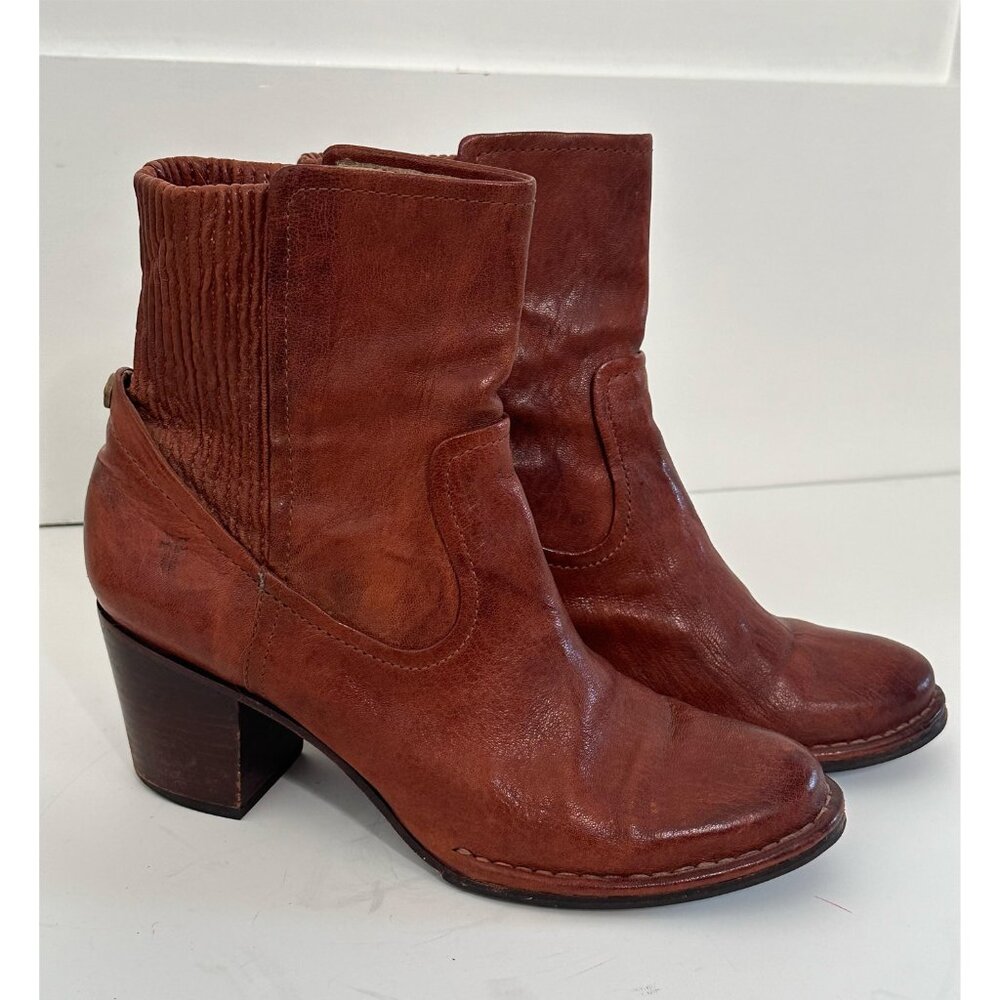 Frye "Lucinda Scrunch" Cognac Brown Leather Pull-on Bootie, Size 9.5
